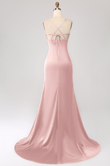 Vestido de fiesta de satén con tirantes de espagueti de sirena rosa polvorienta con plisado